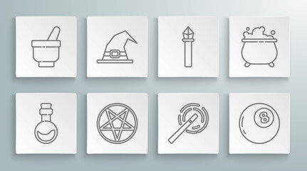 Set line Bottle with love potion, Witch hat, Pentagram in circle, Magic wand, ball of predictions, staff, cauldron and mortar pestle icon. Vector