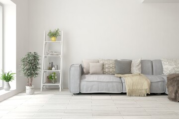 White living room with sofa. Scandinavian interior design. 3D illustration