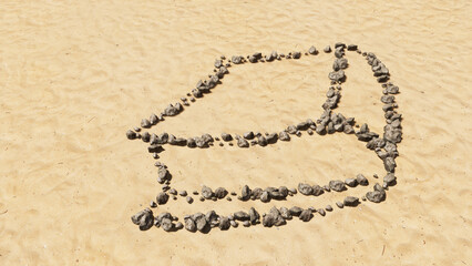 Concept conceptual stones on beach sand handmade symbol shape, golden sandy background, closed book sign. A 3d illustration metaphor for learning, education, research, scienc, literature and culture