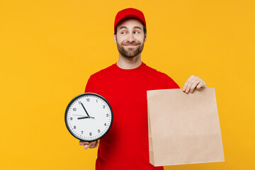 Professional delivery guy employee man 20s in red cap T-shirt uniform workwear work as dealer...