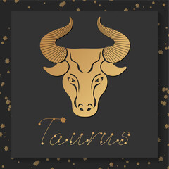 Gold zodiac Taurus horoscope sign on dark square background. Modern magic witchcraft card with astrology zodiac sign. Zodiac characteristic. Vector illustration