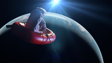 astronaut in rubber boat in orbit of planet Earth  
