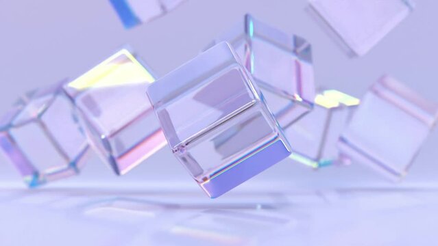 Crystal cubes or blocks on purple abstract geometry background, refraction effect of rays in glass. Rainbow clear square boxes in dispersion light, modern iridescent wallpaper, 3d render animation