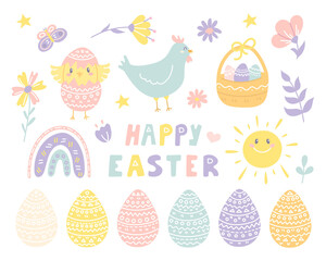 Cute set of Easter design elements with chicken, eggs, flowers, sun in pastel spring colors, hand lettering, flat style
