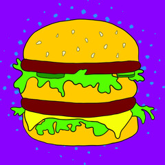 Hamburger pop art style illustration. Comic book style imitation. Vector. 