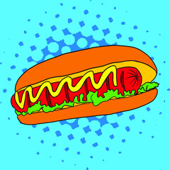 Hot Dog pop art style illustration. Comic book style imitation. Vector. 