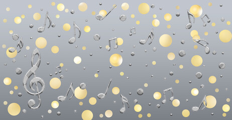 音楽のイメージ、音符と浮遊する球体のバックグラウンド