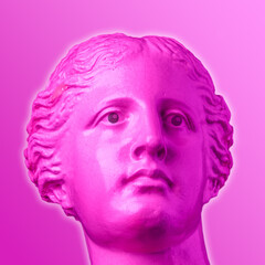 Collage with plaster antique sculpture of human face in a pop art style. Modern creative concept image with ancient statue head. Zine culture. Contemporary art poster. Funky minimalism. Retro design.