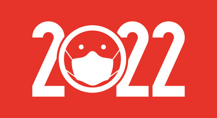 Obraz premium 2022 numbers with coronavirus medical mask. Healthy New Year sign with protective face mask concept. Flat vector illustration isolated on red background.