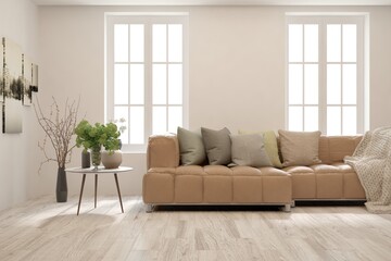 Fototapeta premium Modern living room in white color with sofa. Scandinavian interior design. 3D illustration