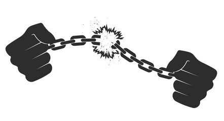 Male hands breaking steel chain handcuffs. Freedom concept. Liberation from slavery. Flat vector illustration isolated on white background.