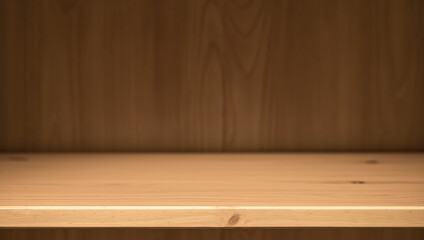 Empty wooden shelf for books or kitchen items. Shelf in closet or wall