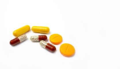 Medicines. Composition with tablets on the table on a light colored background.
 Background, design.