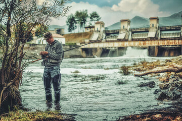 Fototapeta premium Fisherman with rod fishing on the river.