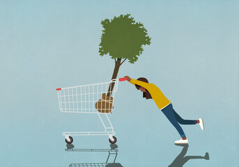 Girl pushing heavy shopping cart with tree sapling
