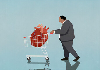 Overweight businessman pushing shopping cart with enlarged heart
