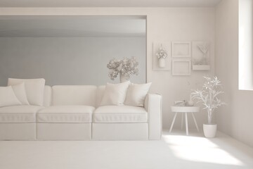 White minimalist living room with sofa. Scandinavian interior design. 3D illustration