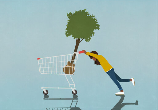 Girl pushing heavy shopping cart with tree sapling
