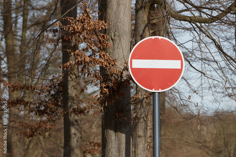 Wall mural sign entry into the one-way street forbidden, trees in the background