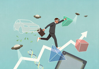 Ambitious businessman in VR headset on ascending graph with UFOs, car and geometric shapes
