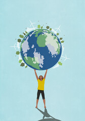 Determined, ambitious woman holding globe with wind turbines and green trees overhead
