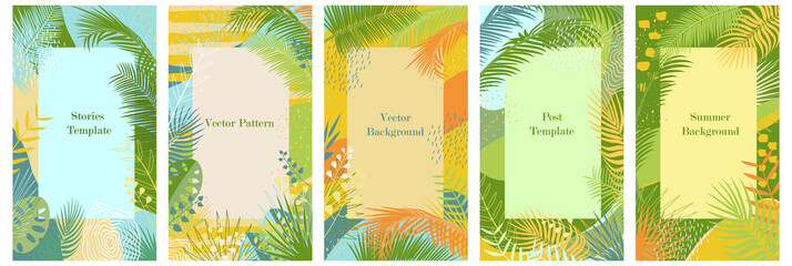 Summer background with tropical palm leaves and abstract texture. Set of frames for social posts on internet networks. Template for advertising, sale, flyer, banner. Jungle, tropics, nature theme.  - obrazy, fototapety, plakaty