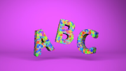 ABC alphabet. Children's bright colorful letters ABC in 3D on a colored background. Education, learning, reading concept