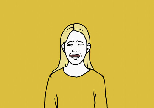 Portrait sad woman crying with eyes closed on yellow background
