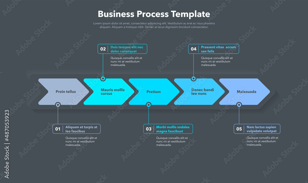Poster Simple business process template with five colorful steps - dark version. Easy to use for your website or presentation.