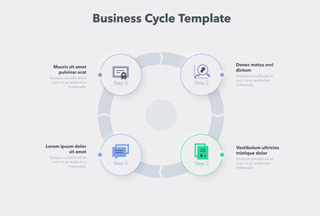 Simple concept for business cycle diagram with four steps and place for your description. Flat infographic design template for website or presentation.