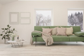 Fototapeta premium White living room with sofa. Scandinavian interior design. 3D illustration