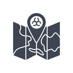 Epidemic related vector glyph icon. Biohazard positioning mark on map. Epidemic sign. Isolated on white background. Editable vector illustration
