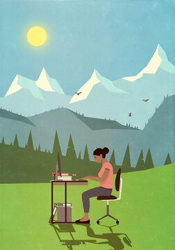 Businesswoman working at desk in sunny, idyllic mountain meadow
