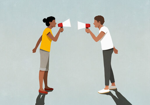 Couple with bullhorns yelling at each other face to face
