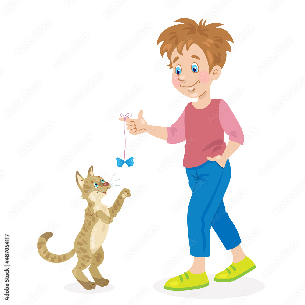 Poster Happy boy plays with a funny cat. In cartoon style. Isolated on white background. Vector flat illustration.