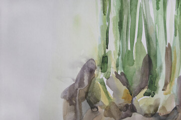 Background with space for text. Bulbous plant watercolor painting. Eco-friendly wallpaper. Naturalness concept.
