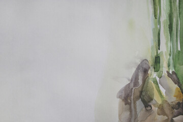 Sprouting in soil watercolor. Wet smudges painting. Paint spots on paper. Hand painted background with space for text. Fresh wallpaper. ESG concept.