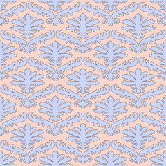 Floral Damask seamless pattern. Vintage baroque background, repeating outline pink flowers foliage. Victorian fashion decor. Antique ornament wallpaper, fabric, wrapping paper. Vector illustration
