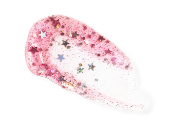 Pink peeling off facial mask with glitter swatch.
