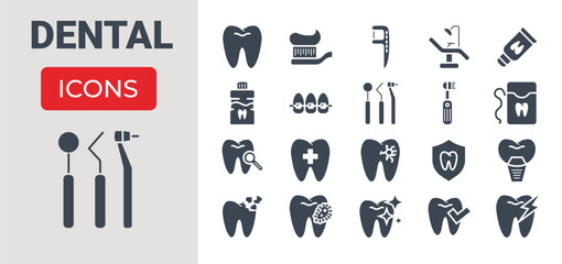 Dental related vector glyph icons set. Included icons dental chair, toothpaste, dental tools, dental floss, caries, toothbrush, toothpaste, toothache, implant. Isolated on white background