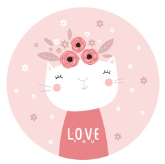 Obraz na płótnie Canvas Print. Illustration with cute cartoon kitty. Illustration for the girl. Pink background.