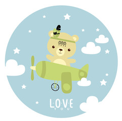 Print. Children's illustration with a teddy bear on the plane. Baby mat. Cartoon bear.