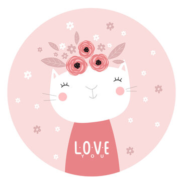 Print. Illustration with cute cartoon kitty. Illustration for the girl. Pink background.