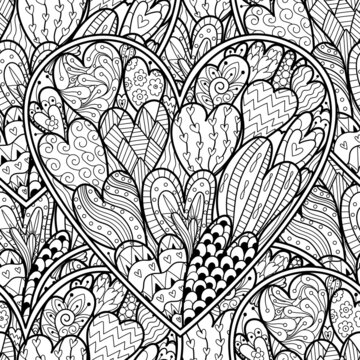 Doodle hearts black and white seamless pattern for coloring book. Love mandala outline background. Creative coloring page for adults and kids. Vector illustration