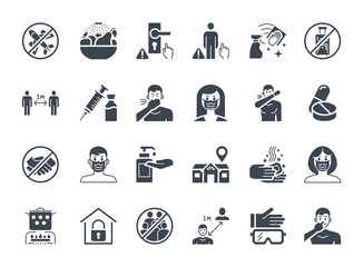 Coronavirus Prevention glyph vector icons. Isolated on white background. Contains such Icons as Washing Hands, Outbreak Map, Man and Woman Wearing Face Mask, avoid travel, wash fruits, vaccine, clean