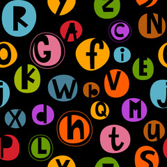 Print. Seamless vector background. English alphabet. abc. Lettering. Multicolored letters.