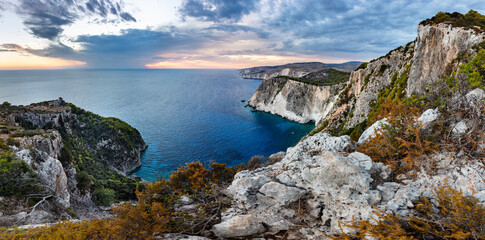 Zakynthos in Greece, Keri cliffs and Ionian sea at sunset