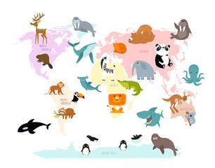 Obraz premium Print. Map of the world in pastel colors. World map with animals. Education for children. Study animals. World map for children. Wallpaper for the children's room.