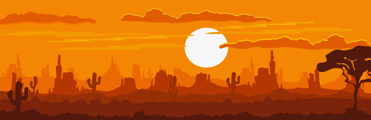 BACKGROUND, GAME, WILD WEST, DESERT, HEAT, SUNSET, PRAIRIE, CACTUS, INDIANS, AMERICA, CANYON, LANDSCAPE, SAND, MOUNTAINS, VECTOR, ILLUSTRATION, ART