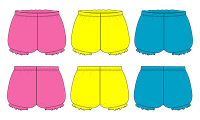 Multicolor Shorts pants overall technical fashion flat sketch Vector illustration template of Baby girls. Apparel cotton fabric shorts mock up Cad For Kids isolated on white background.